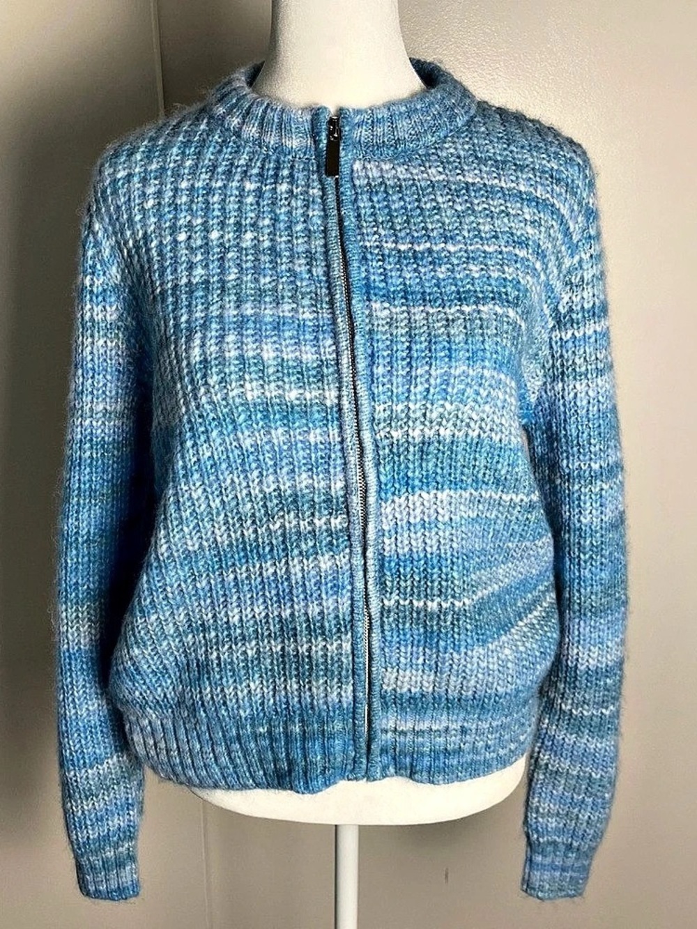 Talbots Shaker Stitch Full-Zip Cardigan - Space Dye Blue Knit Zip Cardigan Size